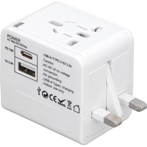 Universal Travel Adapter with USB A/C Ports, Safe Converter - For Phones, Laptops, Watches, Cameras (White) (1/5)