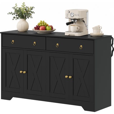 Buffet de Rangement Noir Style Rural, 2 Tiroirs et 2 Placards, Étagères à Hauteurs Réglables, Meuble Cuisine et Salle à Manger, Esprit Campagne (1/5)