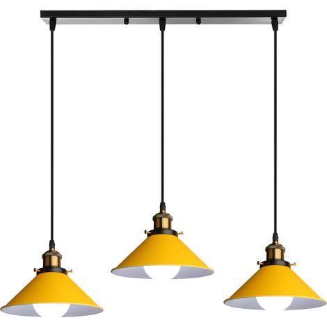 Suspension Luminaire Industrielle 3 Lumière Plafonniers Design Edison Métal Lustre Suspension avec Support de Barre Rectangle, Ø 22cm, Jaune (1/5)