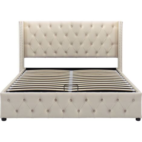 Beige Lit rembourré ,Lit fonctionnel hydraulique avec forme d'oreille Double rangée de rivets Flanelle-140x200 cm (1/5)