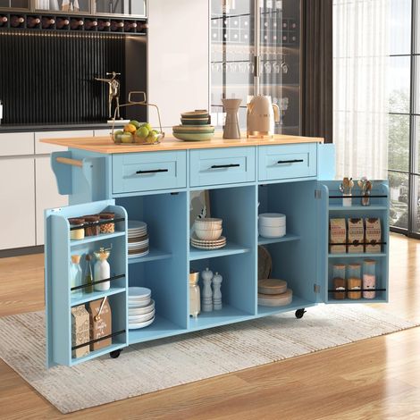 Buffet roulant bleu 139 cm plateau bois rabattable roulettes pieds bois amovibles (1/5)