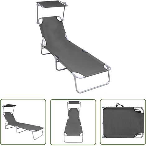 The Living Store Chaise longue pliable avec auvent Gris Aluminium - Transat - Chaise Longue - Mobilier De Jardin - Jardin - Piscine (1/5)