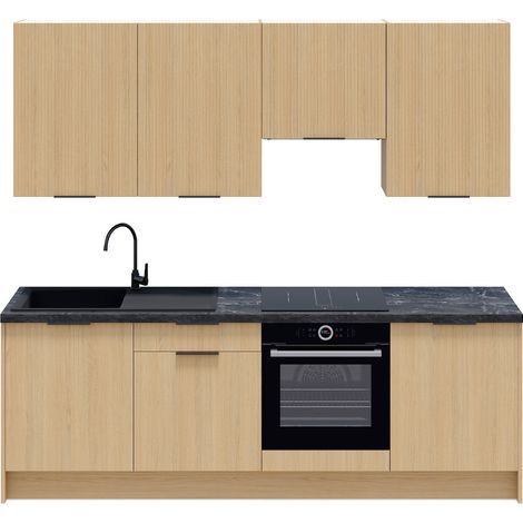 Ensemble de 8 meubles de cuisine - L. 245 cm - chêne clair et chêne clair cannelé - Sierra Mix (1/5)