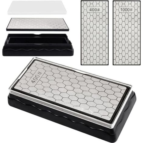 Doppelseitiger Diamant-Schärfstein (Körnung 400/1000, 185 x 92 x 40 mm), Messerschärfer aus Bienenwachs mit rutschfester Unterseite, Messer- und Scherenschärfwerkzeug für Küche und Garten