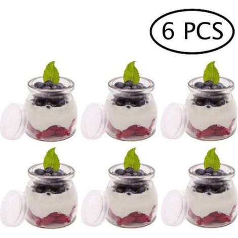 Bocal en verre - Lot de 6 pots de yaourts - 200ml - Couvercles inclus - Idéal pour desserts blanc (1/4)