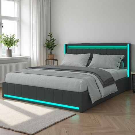 Lit 160 x 200cm, Lit 2 Places 160x200 cm avec 4 Tiroirs, Lit Capitonné avec Port USB et LED, Lit au Sol avec Tête de Lit et Cadre de Lit, Lin, Gris (1/5)