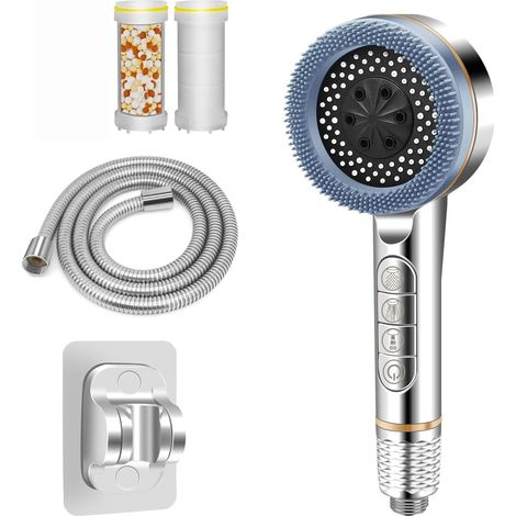 Pommeau de douche, pommeau de douche anti-brûlure, avec flexible de 1,5 mètre, 2 cartouches de rechange, pommeau de douche haute pression, 3 modes (1/5)