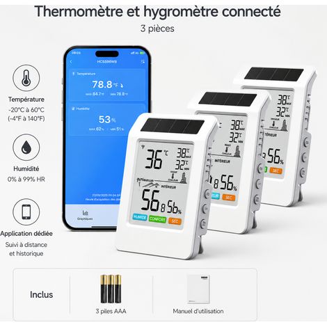 Thermomètre Hygromètre WiFi Solaire Sans Fil HCS0596WB 10,29 × 7,06 × 4,12 cm 234 g – Livraison gratuite (1/5)