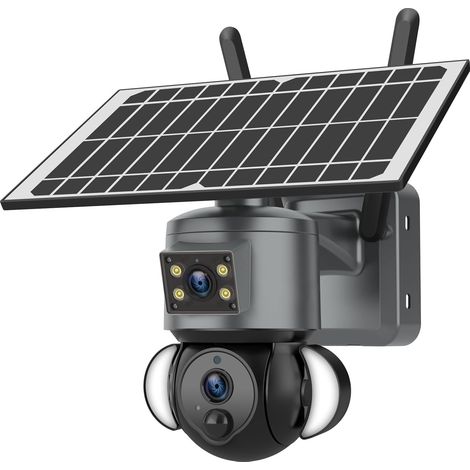Caméra de sécurité à énergie solaire avec vision nocturne infrarouge et double objectif pour le suivi des personnes.