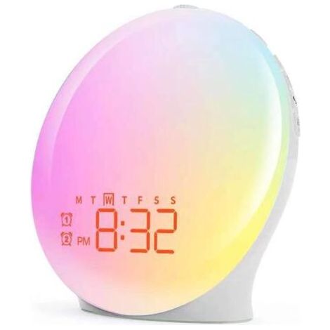 Eveil Lumière LED Radio Réveil Matin Lumineux Lampe de Chevet 20 Niveaux de Luminosité Simulateur d'Aube et Crépuscule 2 Réveils 7 Sons Naturels Fonction Snooze Veilleuse Enfant, 9 Couleurs Couleur éc (1/4)