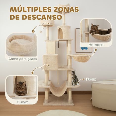 Arbre à chat géant. 206 cm de haut. avec plusieurs niveaux. niches. balles suspendues et hamacs. beige (1/5)