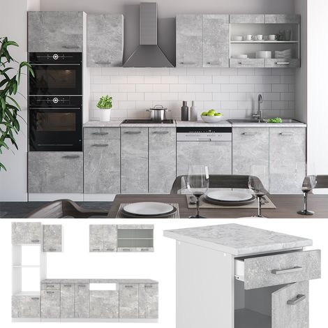 Cuisine R-Line, Béton/blanc, 300 cm avec armoire haute, PT Anthracite, Vicco