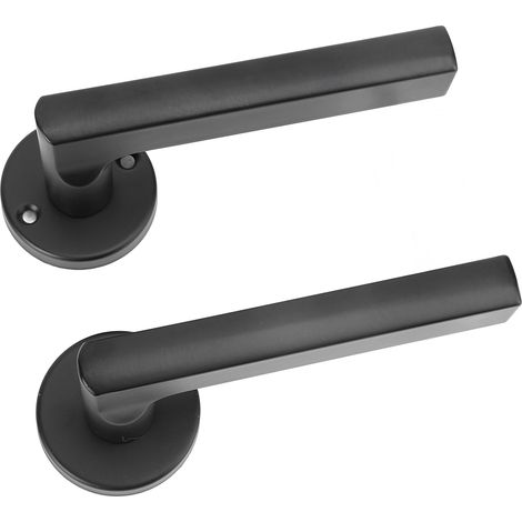Poignée de porte intérieure avec serrure à clé, bouton massif en aluminium et acier épaissi, panneau renforcé noir, kit complet silencieux pour chambre (1/4)