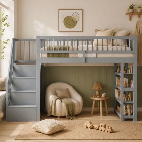 Cama alta 90 x 200 cm con armario, estantes y almacenaje, escalera de seguridad, gris HAVRYA (1/5)