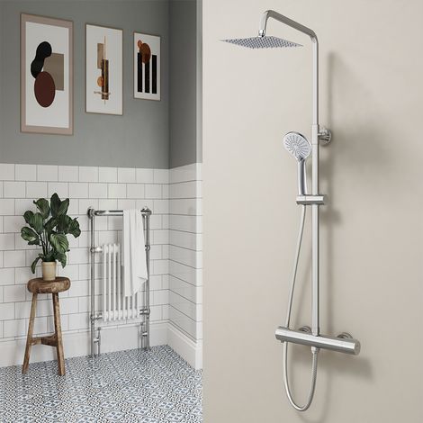 AICAIT Soffione doccia quadrato 20x20cm con doccetta a 3 getti, colonne doccia termostatiche con rubinetto 40mm, cromato lucido