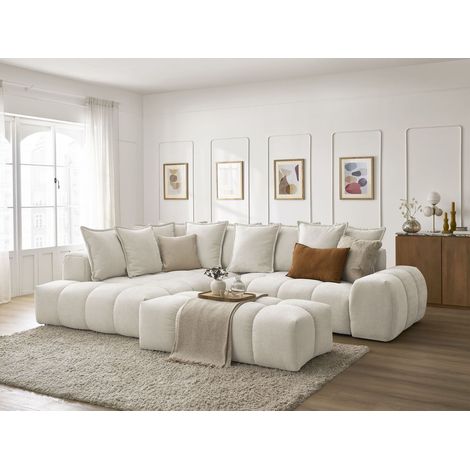 BOBOCHIC - Canapé d'angle L convertible coffre EVEREST tissu texturé avec pouf Angle gauche Beige (1/5)