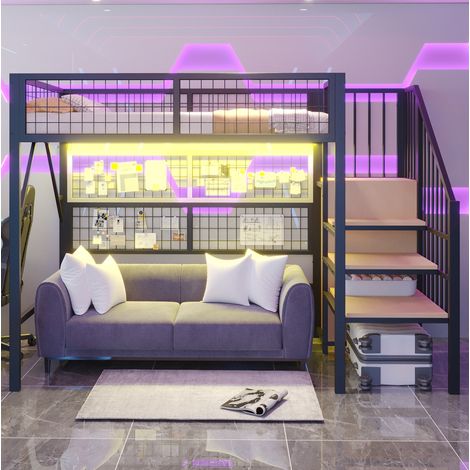 MEUBLIV Hochbett 90x200 cm schwarz – LED und Stauraum, ohne Matratze (1/5)