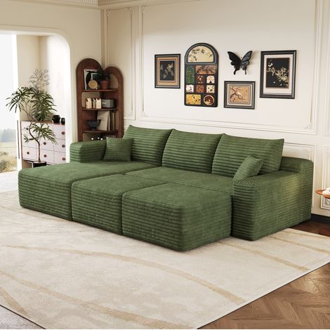 Sofá chaise longue 241/151/58 cm verde en tela acanalada, asiento profundo, sin montaje (1/5)