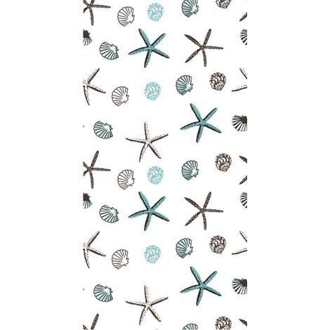 Cortina de ducha de 180 x 180 cm, de PEVA, modelo 7N, blanca con estrellas de mar marrones y turquesas. (1/2)