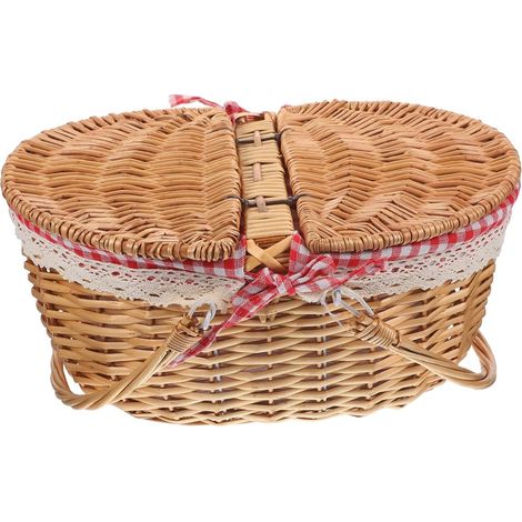 Panier de pique-nique avec couvercle tressé, poignée en osier, rangement pour la cuisine, le camping et la décoration intérieure (1/5)