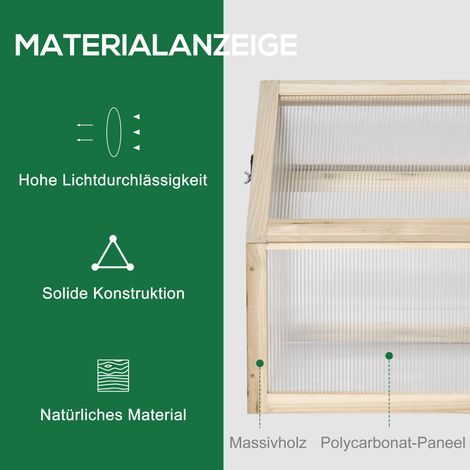 Mini serre de jardin en bois et polycarbonate, avec toit ouvrant pour aération, dimensions 90 x 52 x 49,5 cm, teinte bois naturel. (1/4)