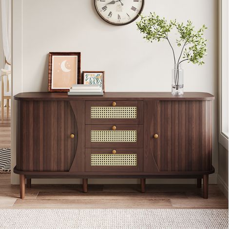Sideboard en panneaux de particules coloris naturel, 140,5x40x76 cm, 3 tiroirs en rotin, portes coulissantes, étagères réglables (1/5)