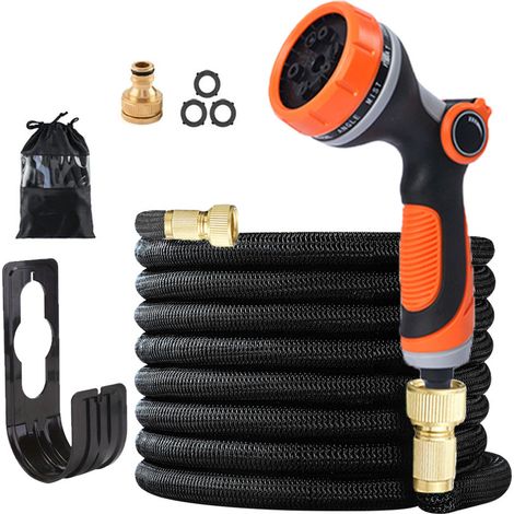 Tubo da giardino estensibile da 7,5 m (25 piedi) - Nero e arancione, kit completo con supporto e custodia.-lsw (1/4)