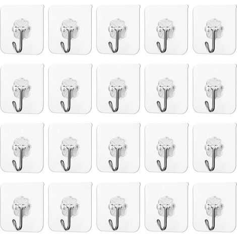 Lot de 20 crochets adhésifs transparents - Installation sans perçage - Crochets muraux adaptés à la cuisine et à la salle de bain