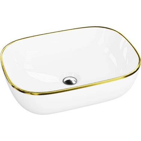 LAVITA Aufsatzwaschtisch Costa Gold Line Aufsatzwaschbecken Rechteckig Waschbecken ohne Überlauf und Hahnloch Aus hochwertigem Porzellan Waschtisch 46x32,5x13,5 cm Weiß/Gold (1/5)