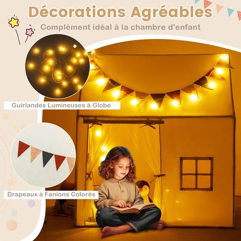 Tente de jeu pour enfants avec tapis antidérapant rembourré, drapeaux, guirlandes lumineuses, fenêtres pour 3-14 ans - beige (1/5)