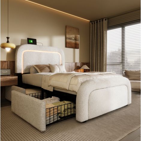 Bett Einzelbett Retro 90x200 cm Weiß, verstellbares Kopfteil mit USB-C und LED, 2 Schubladen, Sherpa-Bezug (1/5)