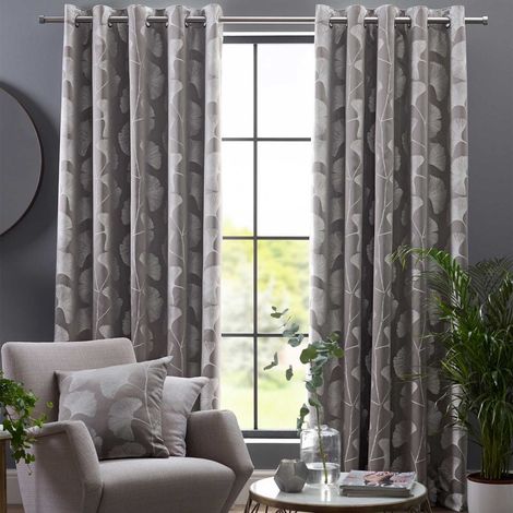 HOMESCAPES Grey Ginkgo Eyelet Curtain Pair- 117 x 229cm (46 x 90")