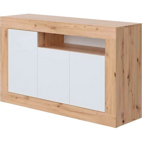 Credenza Moderna Madia A Terra Con 3 Ante Vano A Giorno E Ripiani Interni Mobile Contenitore In Melaminico Antigraffio Per Soggiorno Sala Da Pranzo 144 x 42 x 87 Cm Rovere e Bianco