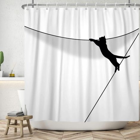 183x183cm Rideau de Douche Chat Noir Animal Mignon Abstrait Dessin animé Chat Rideau de Bain Croquis drôle Chat Escalade Mur Rideaux de Douche Rideau de Baignoire étanche (1/5)