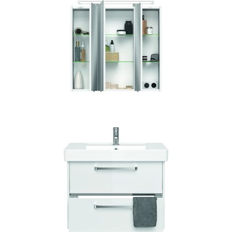 Badezimmer-Waschplatz FES-3050-66 Badmöbel-Set in Hochglanz weiß inkl. Spiegelschrank mit LED - B/H/T: 80/200/45cm (1/3)