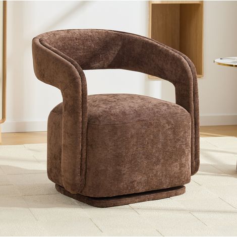 Poltrona girevole in chenille marrone 70 x 65,5 x 74 cm, design barrel con rotazione a 360° (1/5)