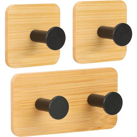 Handtuchhalter Holz, Wandhaken Holz, Haken Selbstklebend, Klebehaken Extra Stark, 3 Stück Handtuchhalter Bambus, Kleiderhaken Wand für Jacke, Schal, Hut (Wohnzimmer, Büro, Schlafzimmer) schwarz. (1/5)