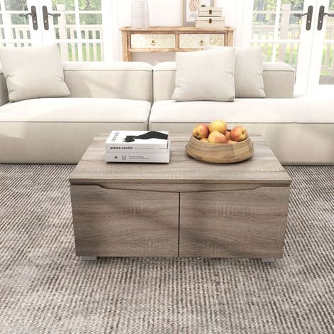 Table Basse avec Rangement Table de Salon Rectangulaire avec 4 Portes à Ouverture Double Patins Antidérapants Cabinet 80 x 60 x 37 cm Chêne (1/3)