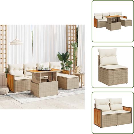6-tlg. Garten-Sofagarnitur mit Kissen Beige Poly Rattan Akazie - Garten Sofagarnitur - Garten Sofagarnituren - Outdoor Sofagarnitur - Sofagarnitur Terrasse (1/5)