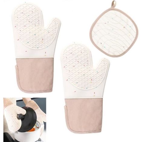 Gants de four - Cuisine - Beige - Silicone et coton - Résistants à la chaleur - 2 gants et 1 manique (1/4)