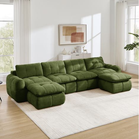 Divano modulare a U 334/160/68 cm verde in ciniglia, 4 posti con 2 pouf (1/5)