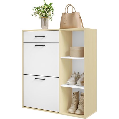 WOLTU Zapatero de madera moderno y compacto, blanco y madera natural (1/5)
