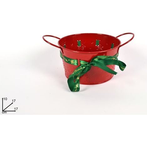 Secchiello in Metallo Decorativo Natale Natalizio Rosso con Nastro 17 x 10 cm