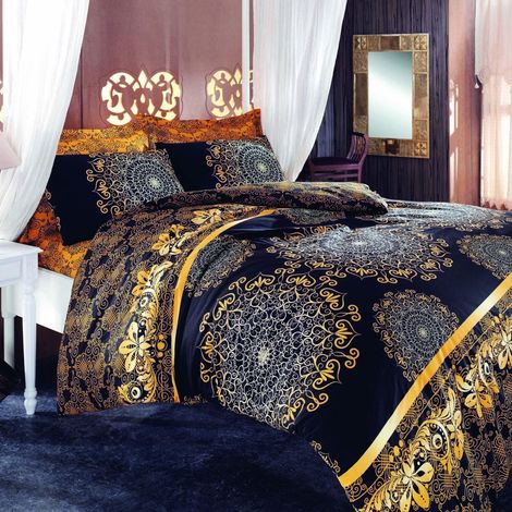 Parure housse de couette + 2 taies d'oreiller 240x220 Noir Jaune Beige Brun