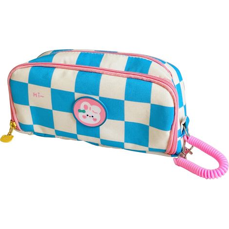 Trousse à crayons mignon grande capacité grande ouverture compartiments multiples rangement classé boîte à fournitures scolaire étui à crayons bleu blanc motif lapin (1/5)