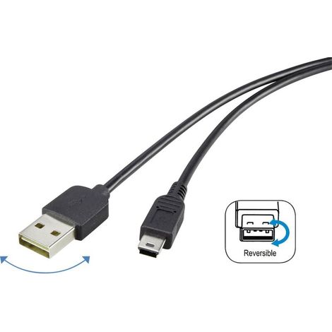 Trywise Câble USB USB 2.0 USB-A mâle, USB-Mini-B mâle 1.80 m noir connecteur utilisable des deux cotés, contacts dorés RF-4096107 Y832801 (1/4)