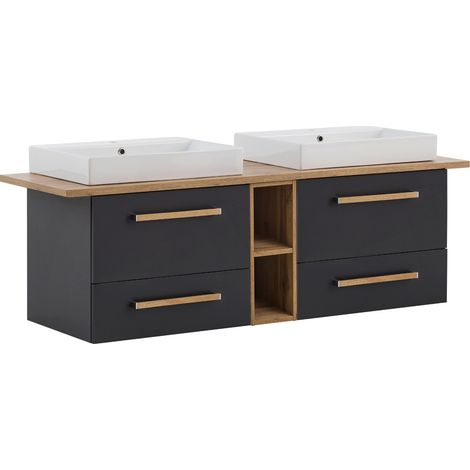 Doppelwaschtisch 165cm inkl. Keramikbecken und Regal DABO-04 in anthrazit mit Eiche-Landhaus, B/H/T: 165,2/61,5/50 cm (1/5)