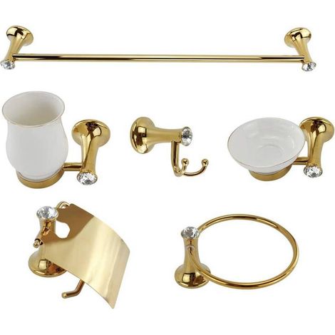 Set Bagno in Oro e Ceramica con Punti Luce Cristalli in Acrilico 6 Pezzi arredo Accessori Bagno