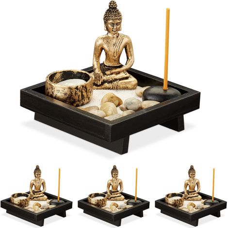 Relaxdays Zen Garden Buddha Statue, 4x Set, Tranquillity, Pebbles, Sand, Joss Stick, Tea Light, Feng Shui Decor, Black