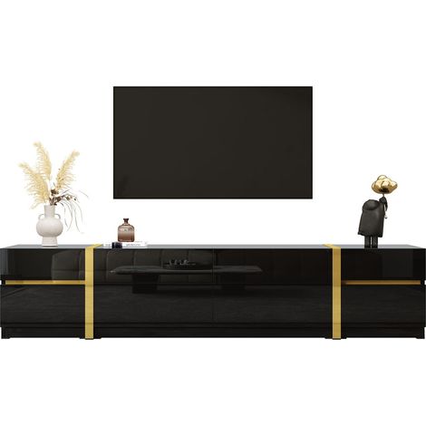Meuble TV, tiroirs portes Meuble TV contemporain, grand rangement, finition haute brillance, bords dorés (1/5)